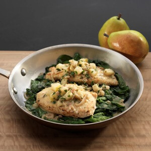 Crispy Chicken Cutlets with Pears Shallots and Wilted Spinach