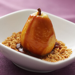 Poached Pears with Vanilla Caramel Sauce and Peanuts