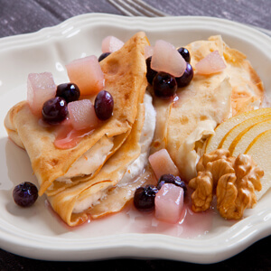 Walnut Crepes with Wild Blueberries and Pears