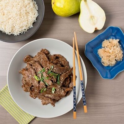 korean beef with rice and pears