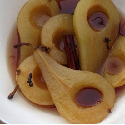 sweet vermouth poached pears