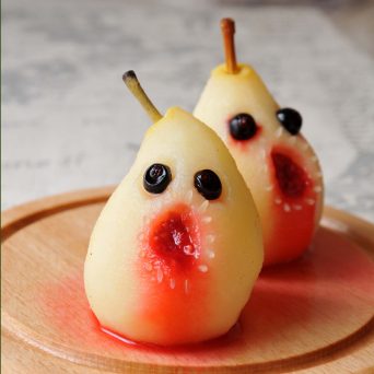 Spooky baked pear monsters or ghosts for Halloween party