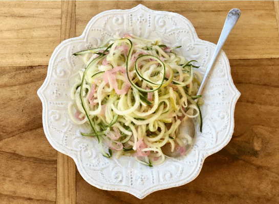 Pretty green pear "noodles" with cucumber and pink shallots