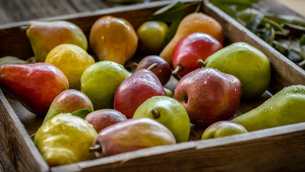 Multi-Variety Pear Display in Wooden Tray