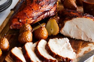 Ancho-Pear BBQ Turkey Breast with Roasted Seckel Pears