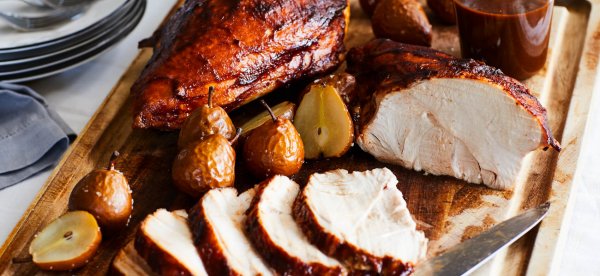 Ancho-Pear BBQ Turkey Breast with Roasted Seckel Pears