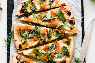 Pear Pizza with Roasted Butternut Squash, Bacon, and Arugula